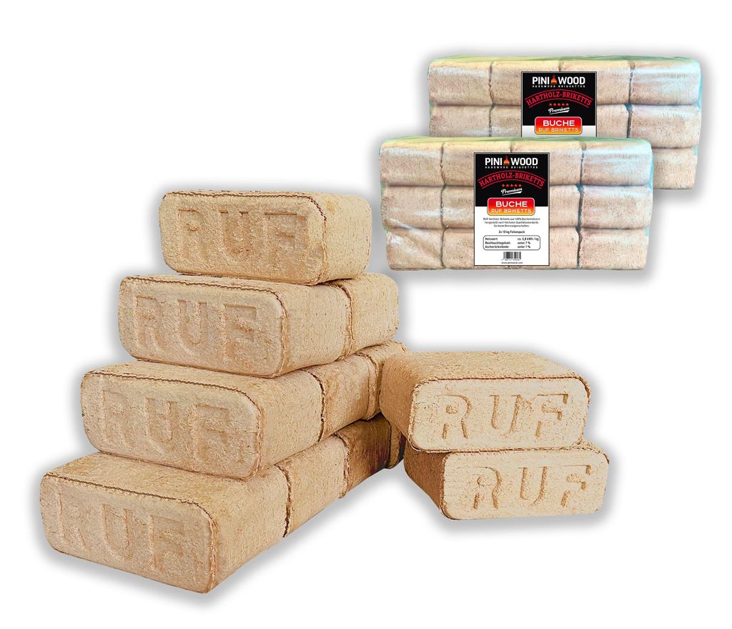 A stack of wood briquettes in the foreground and two packages of wood briquettes in the background.