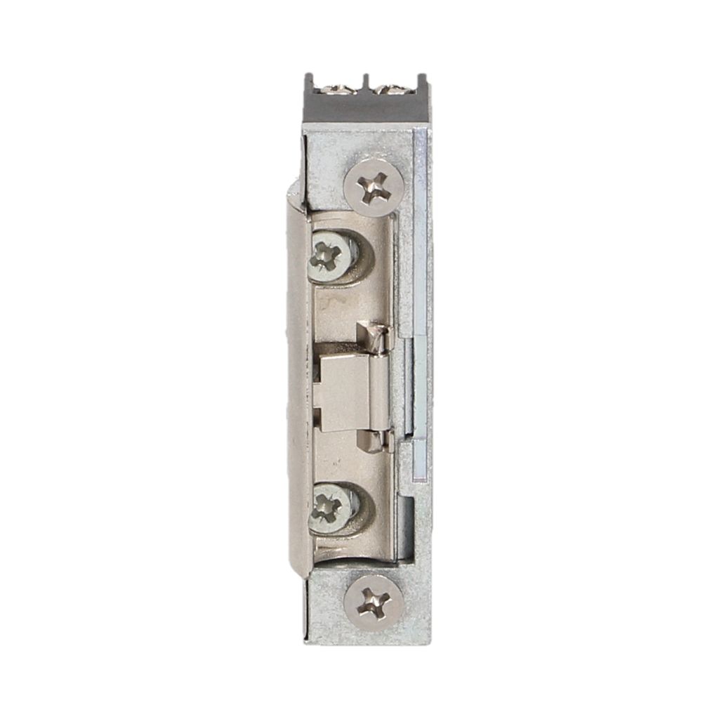 A side view of a metal electronic door strike.