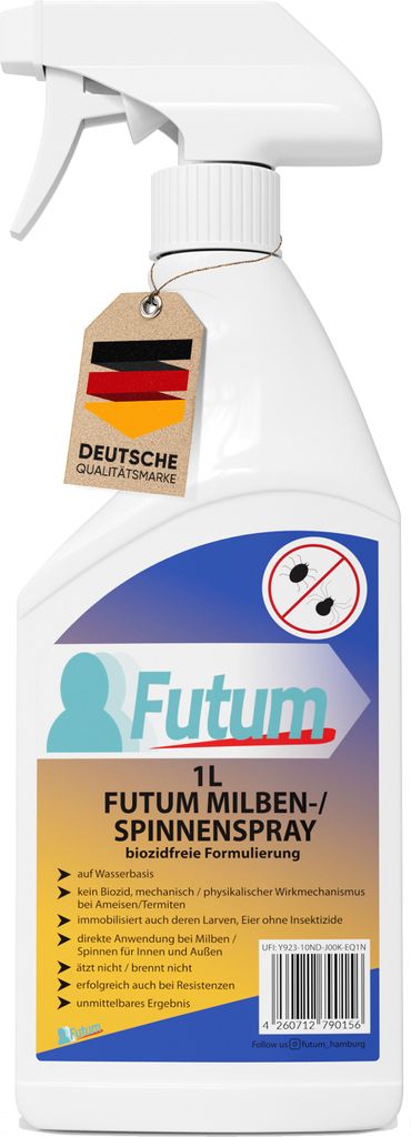 FUTUM 1L Milbenspray / Spinnenspray | Biozidfrei gegen Milben & Spinnen | Wasserbasis | schnell & Direktwirkung | milbenspray für matratzen