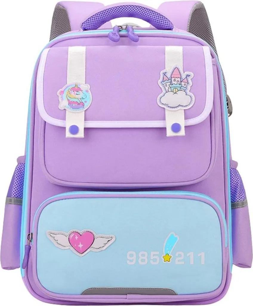 Cartable scolaire ergonomique 16L violet avec patches pour fille et garçon