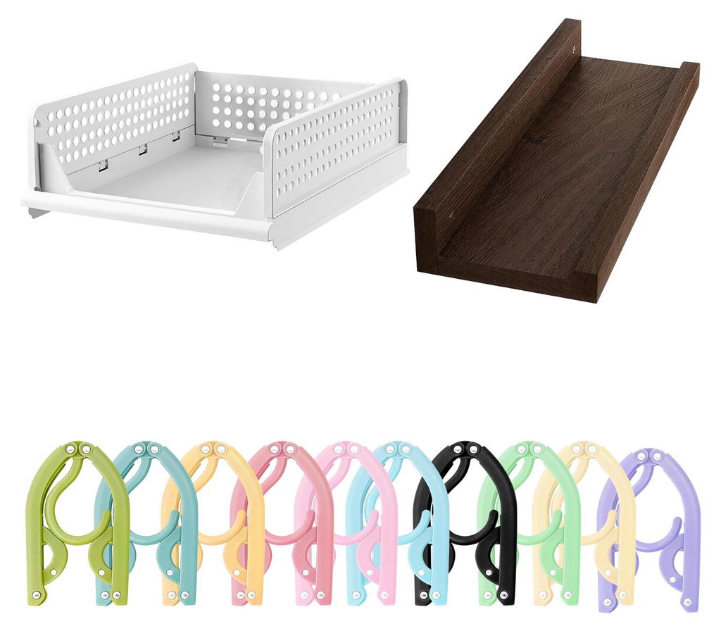 UnboxG Komplettes Aufbewahrungsset für kleine Räume, 4er Schubladen-Organizer + 10 faltbare Kleiderbügel + 2 Wandregale aus Massivholz