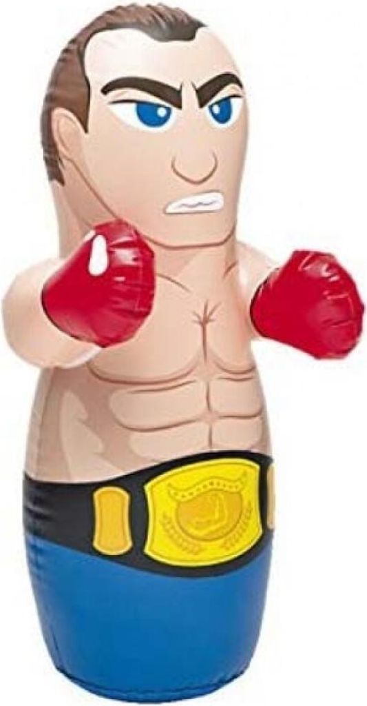 An inflatable boxing figure with a championship belt.