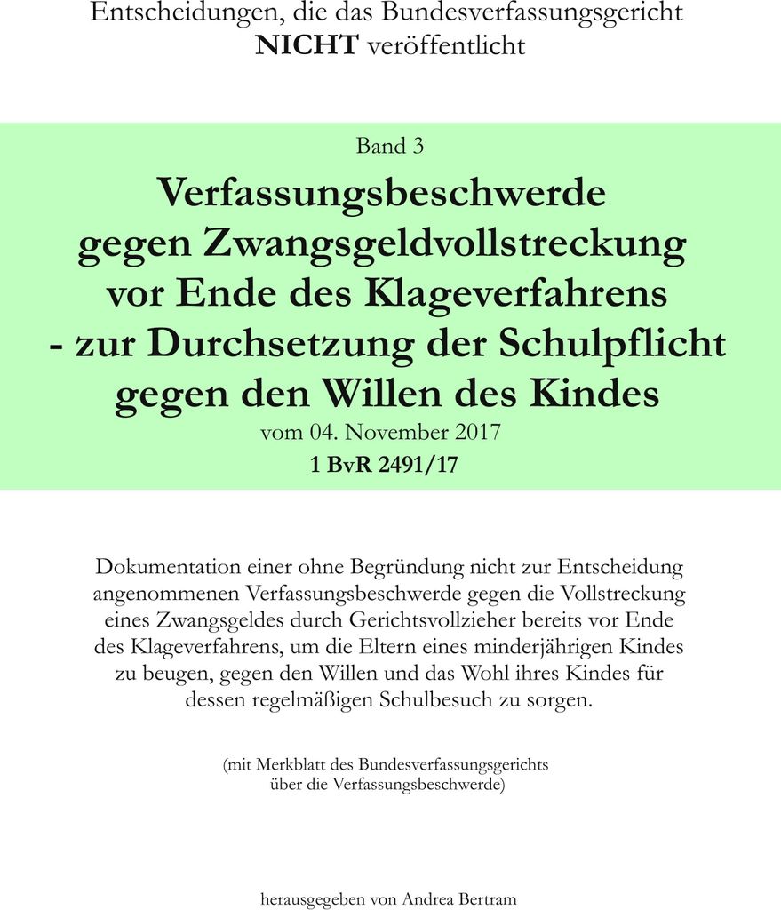 Verfassungsbeschwerde gegen Zwangsgeldvollstreckung vor Ende des Klageweges - zur Durchsetzung der Schulpflicht gegen den Willen des Kindes vom 04....