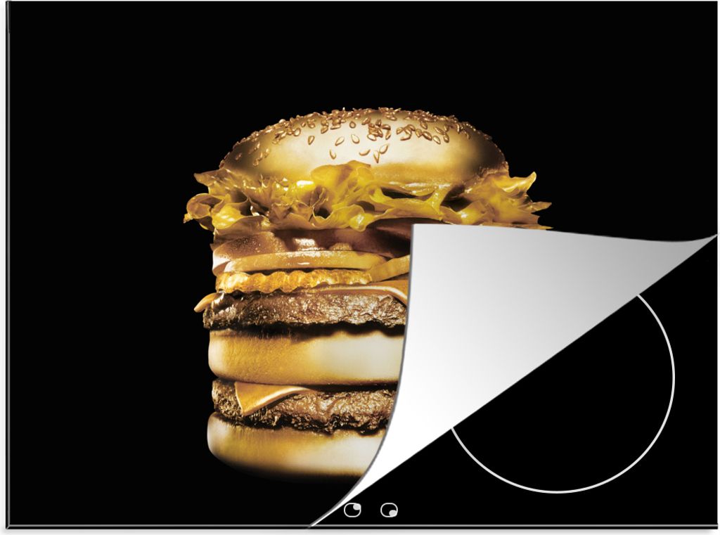 KitchenYeah Herdabdeckplatte Goldener Hamburger auf schwarzem Hintergrund. , 58x51cm, Küche Deko, Ceranfeld Herdabdeckung, Abdeckplatte fùr Koc...