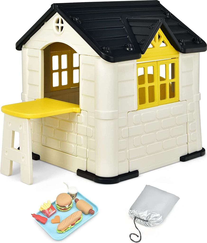 Spielhaus Kinder für drinnen und draußen, 164x124x132cm, Kinderspielhaus mit Fenstern & Tür & Picknicktisch, Gartenhaus für Jungen und Mädchen...