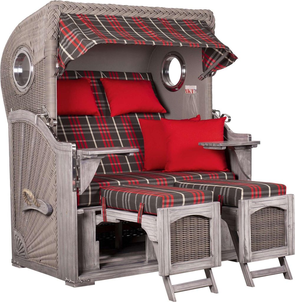 Strandkorb 2-Sitzer Volllieger aus Mahagoni, Grau, PE-Geflecht, Bullauge, Outdoor