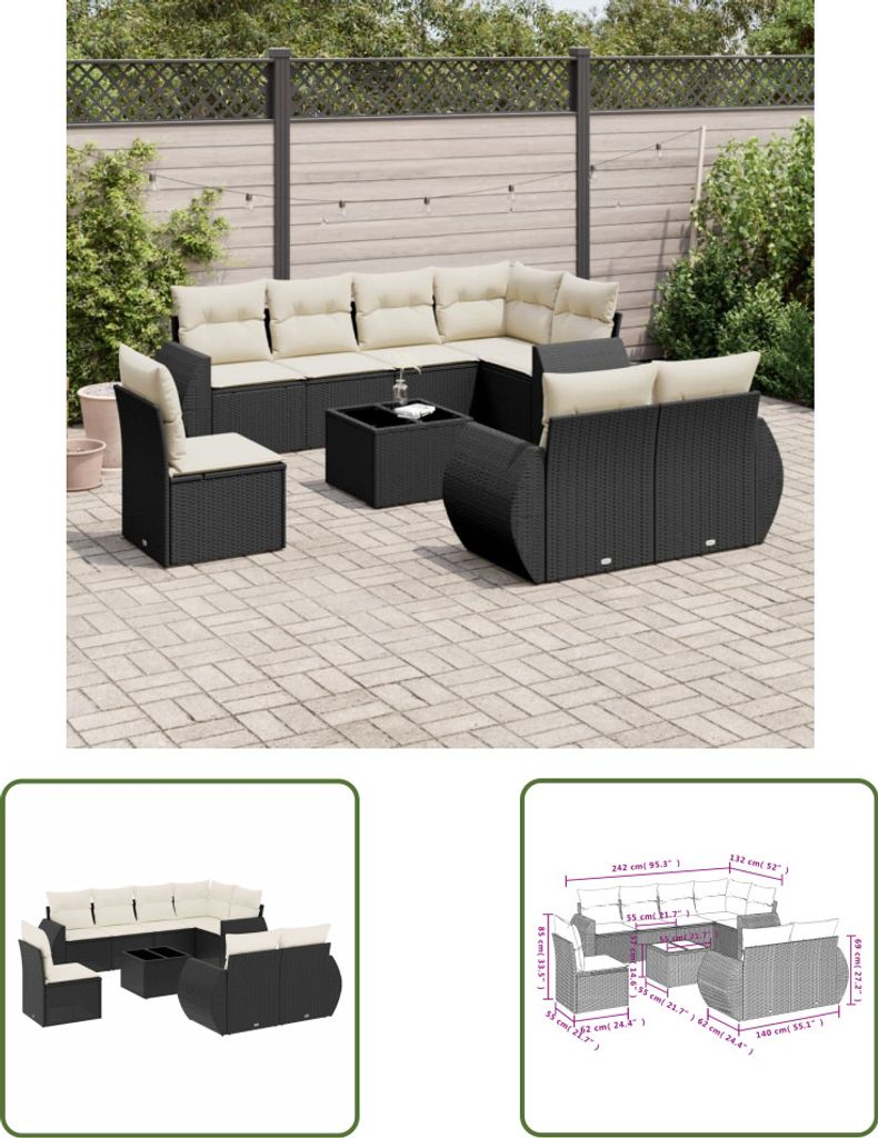 The Living Store 9-tlg. Garten-Sofagarnitur mit Kissen Schwarz Poly Rattan