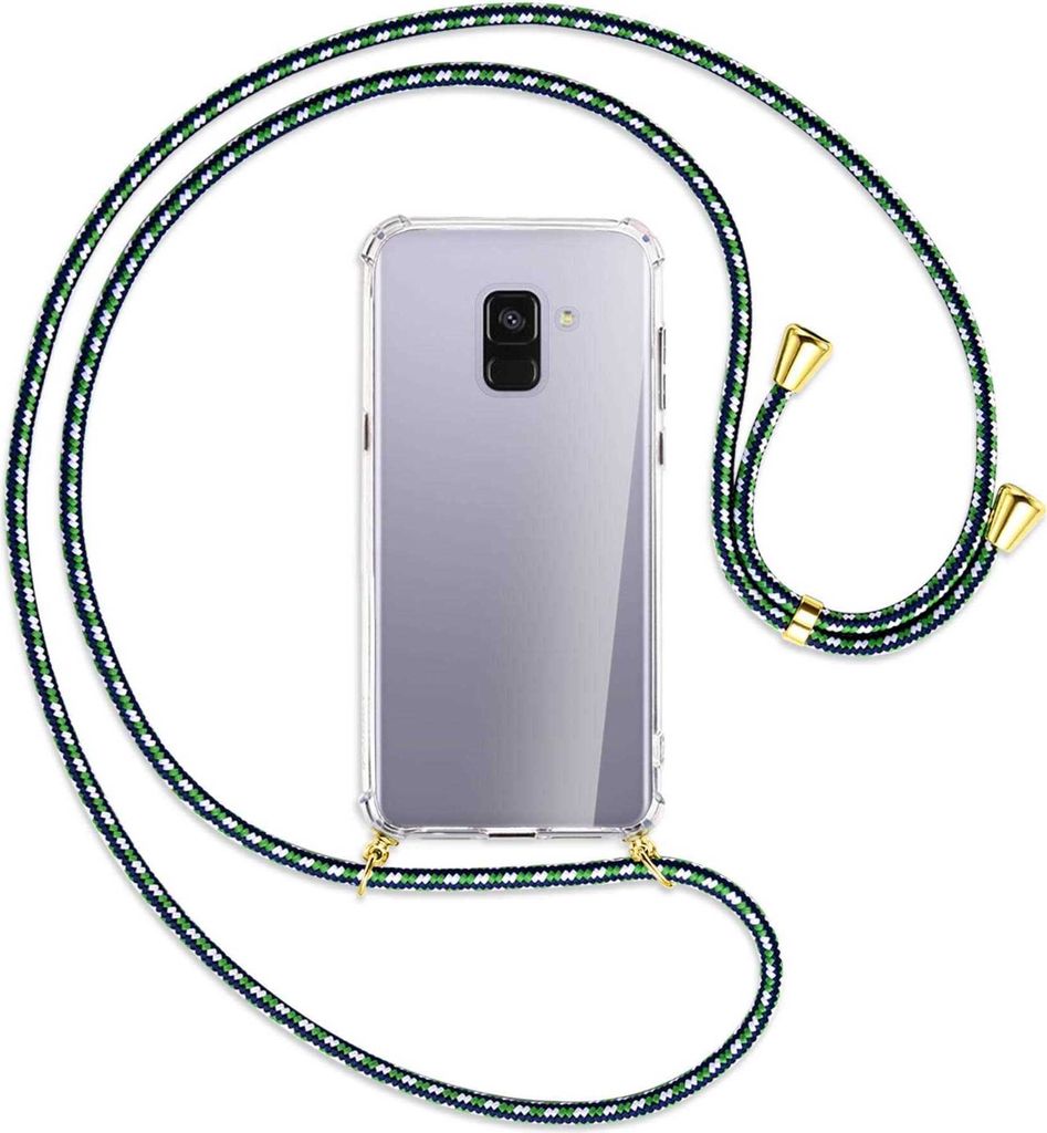 Handykette Backcover-Schutzhülle mit Band (Metall goldfarben) für Samsung Galaxy A8 Plus 2018 - grün/blau/weiß
