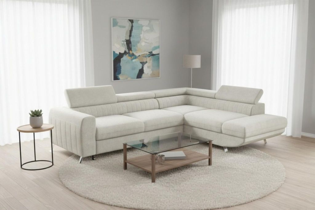 Ecksofa mit Schlaffunktion MARIOS Sofa Stoff Dunbar Creme Ottomane Rechts