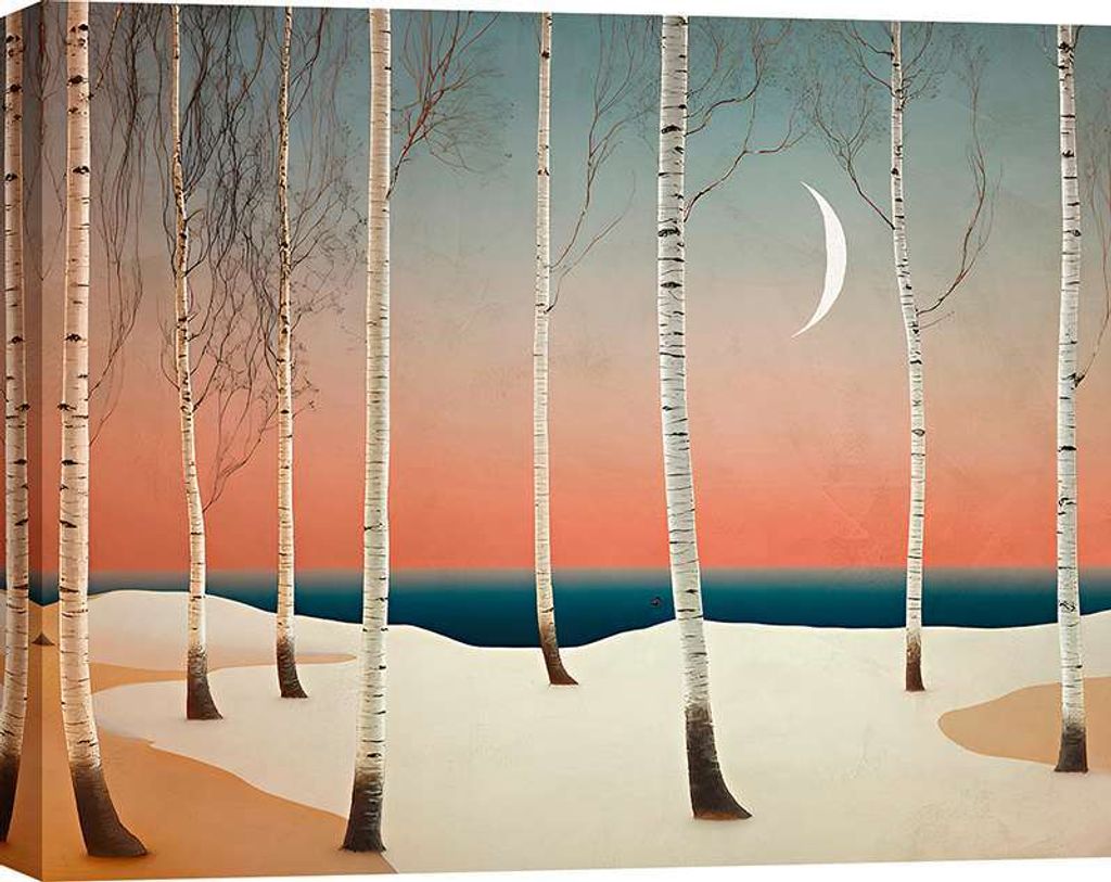 Leinwandbild, minimalistische Landschaft im nordischen Stil – Sayaka Miko – Mondschein über dem Birkenwald – 60x40 cm