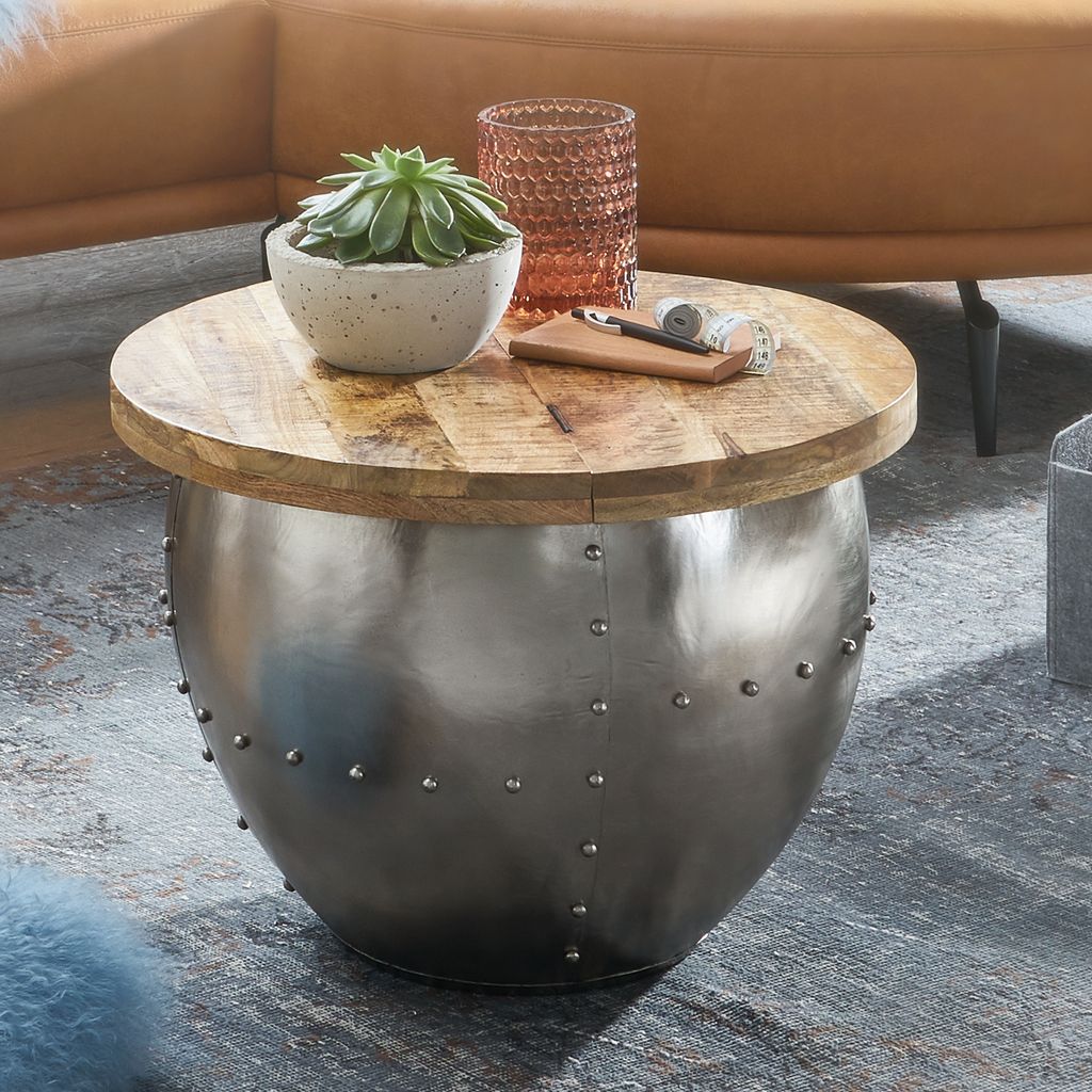 WOHNLING Couchtisch Mango Massivholz / Metall 60x43x60 cm Industrial Style Rund Wohnzimmertisch mit Stauraum Moderner Loungetisch Sofatisch Silber