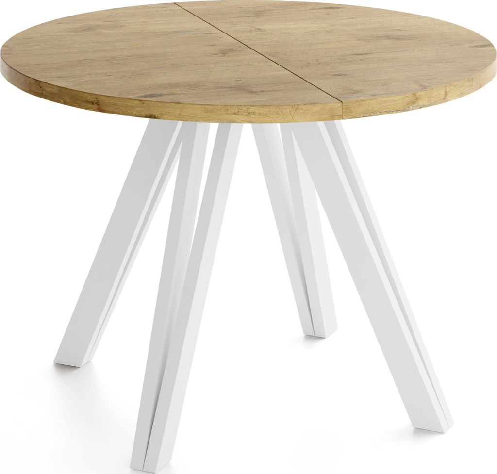 Runder Esstisch Ausziehbar 100–180 cm mit Weißen Holzbeinen aus Buchenholz – Moderner Ausziehtisch für Esszimmer, Küche und Wohnzimmer – T...