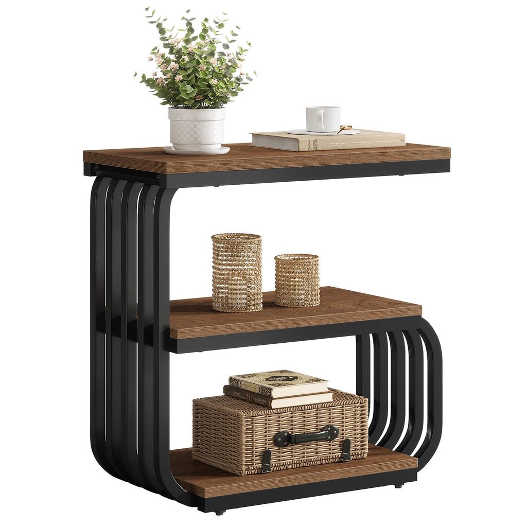 Tribesigns Beistelltisch, schmaler Beistelltisch, 3-stufiger Design-Akzenttisch Metallgestell, industriell-vintage Nachttisch, 60x30x63 cm, Braun