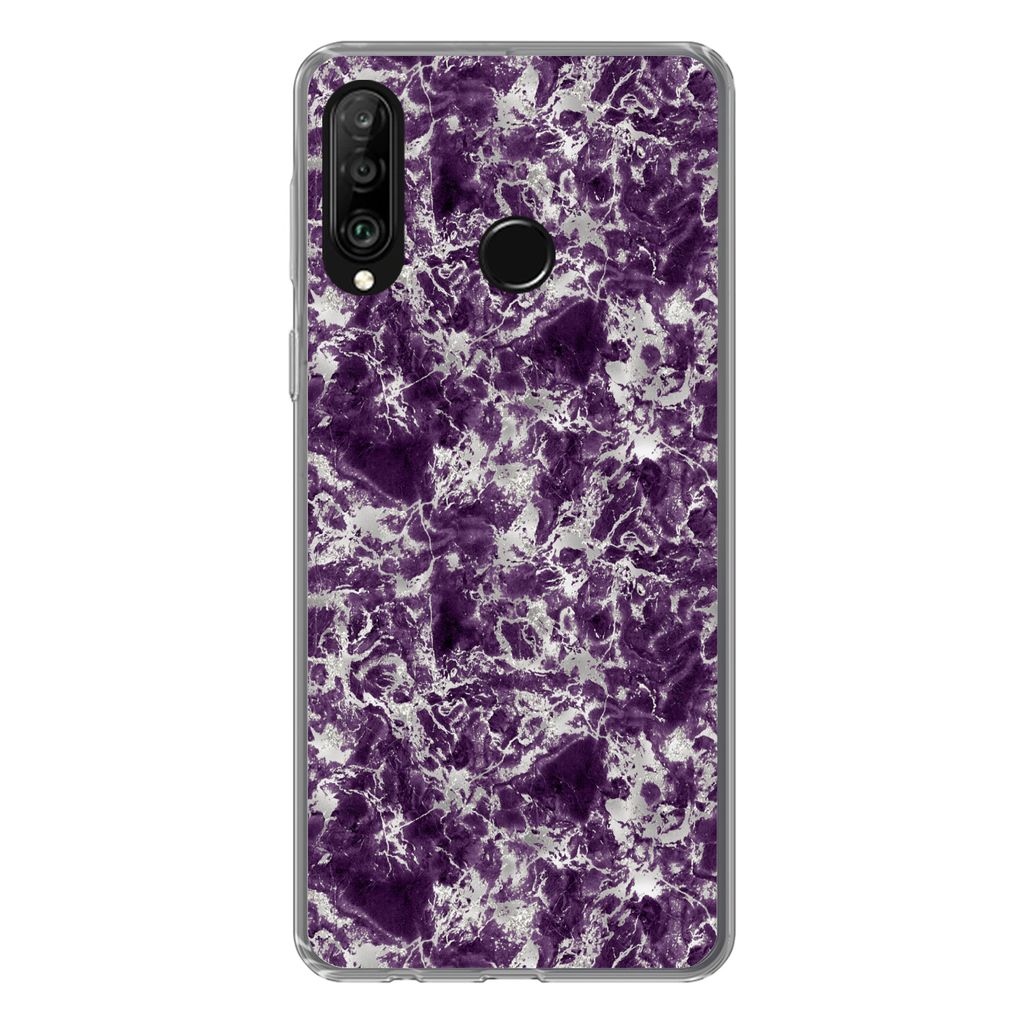 MuchoWow Handyhülle Schutzhülle Hülle für Huawei P30 Lite Marmor - Lila - Silber - Muster Silikon Softcase Handy Hülle - Handyhülle