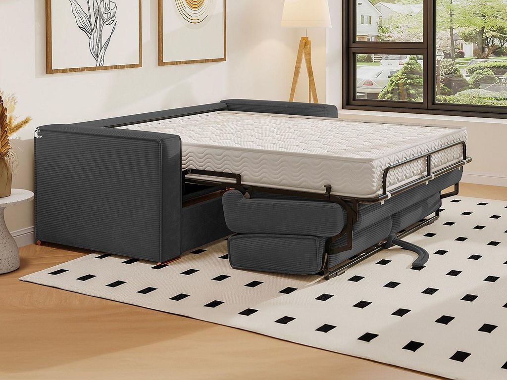 4-Sitzer-Express-Schlafsofa aus anthrazitfarbenem Cordvelours mit Sitzfläche aus Memory-Schaumstoff – Liegefläche 160 cm – Matratze 22 cm mit...