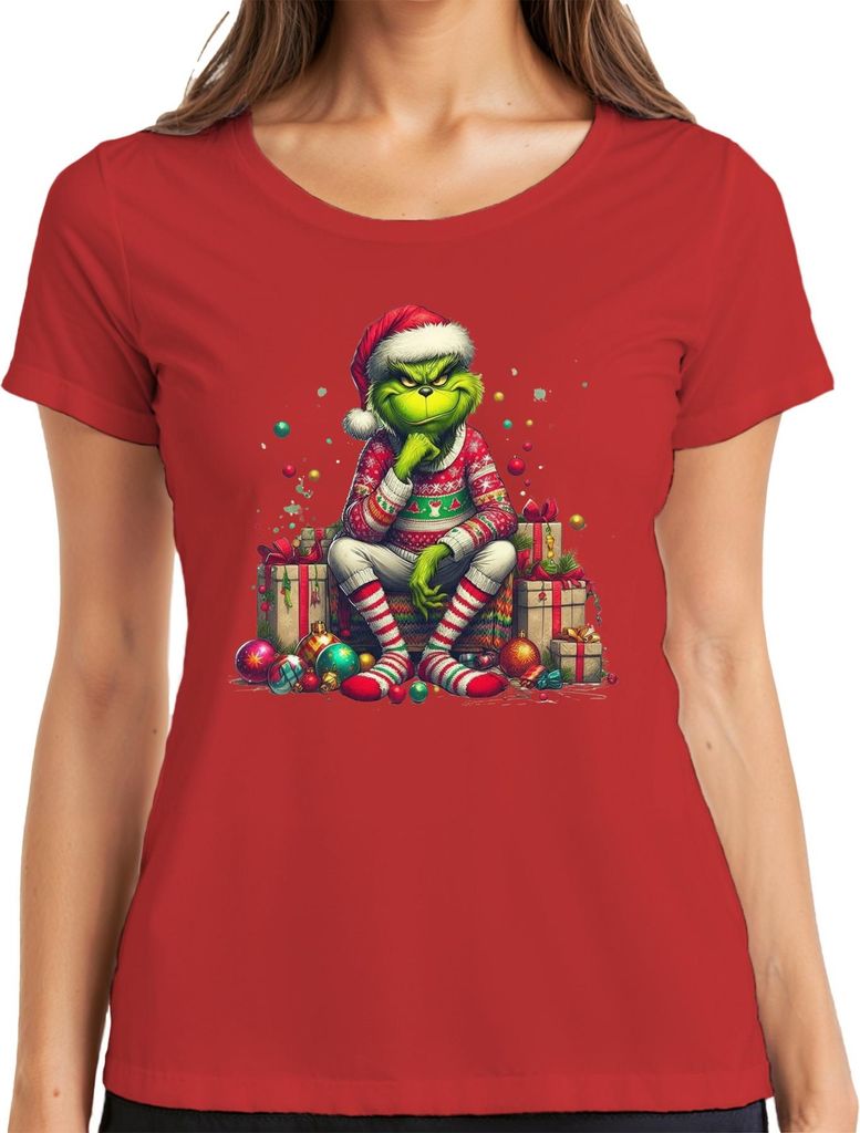 Grinch Weihnachtsgeschenk lustig böse Geschenkidee Retro Damen T-Shirt, Rot, M