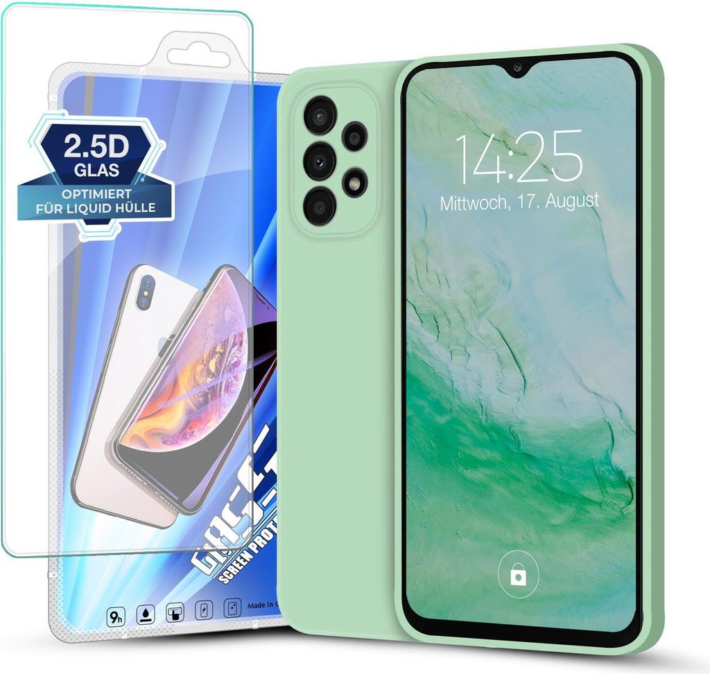 Hülle für Samsung Galaxy A23 5G mit 9H Displayglas Displayschutz Plus Case Cover Bumper Silikon Softgrip Schutzhülle Farbe: Türkis