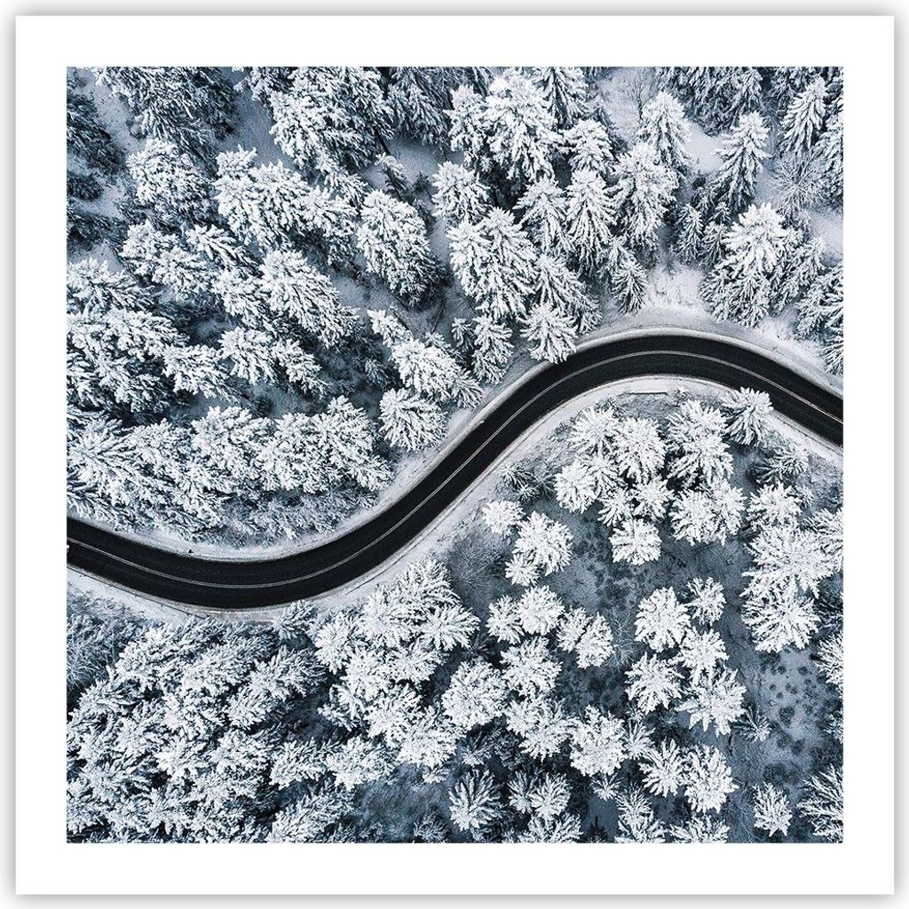 Poster - Poster ohne Rahmen - Wald Winter Straße - 60x60 cm - Wand Bild - Wanddeko - Wandbilder - Kunstposter - Wandposter - Bilder - Kunstdruck -...