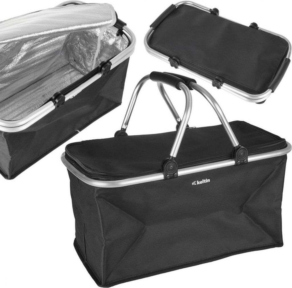A collage of three images showing a black collapsible cooler basket from different angles.