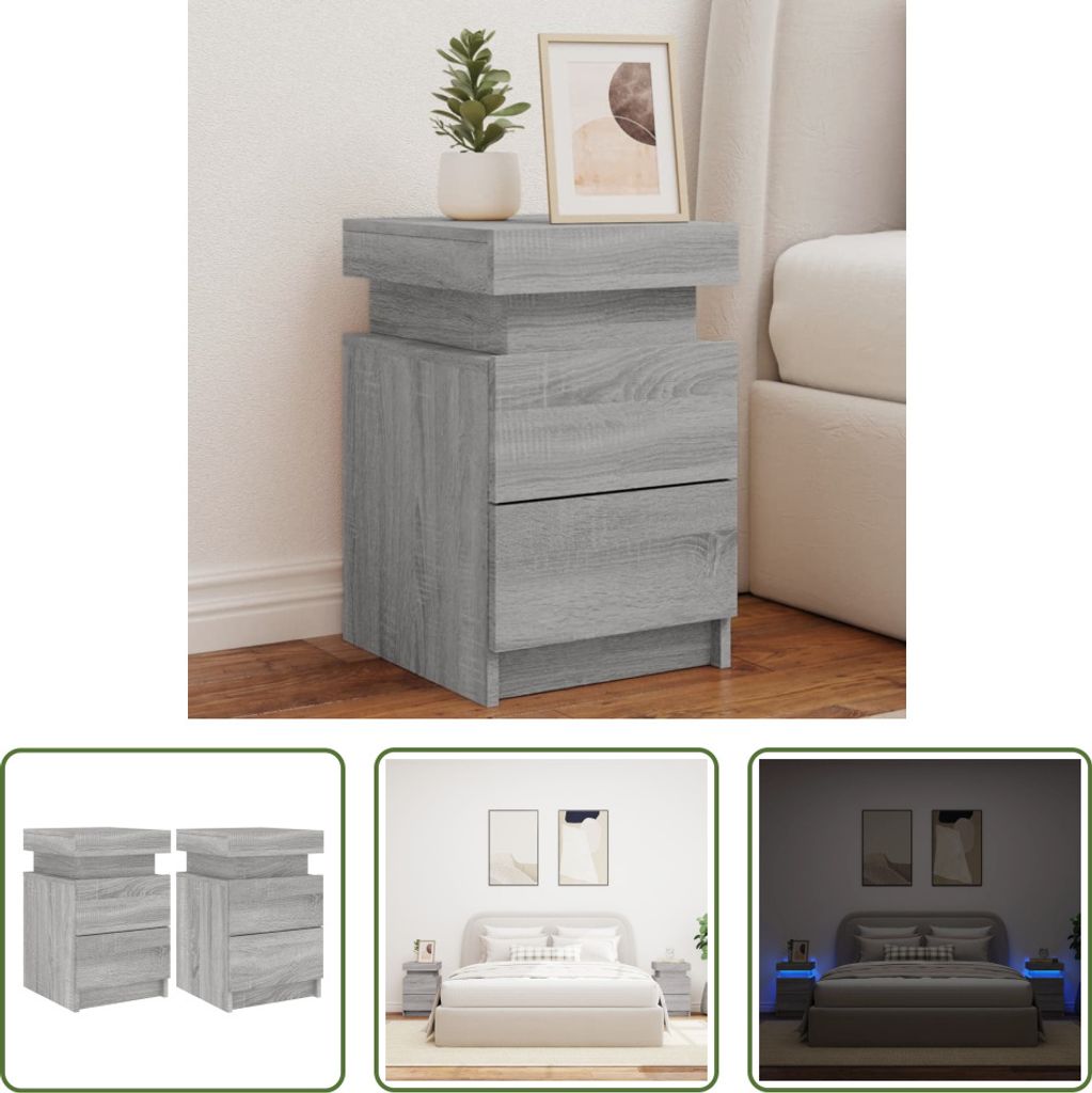 The Living Store Nachttische mit LED-Leuchten 2 Stk. Grau Sonoma 35x39x55 cm