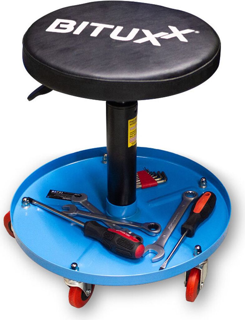 A rolling mechanic's stool with a blue tray for tools.
