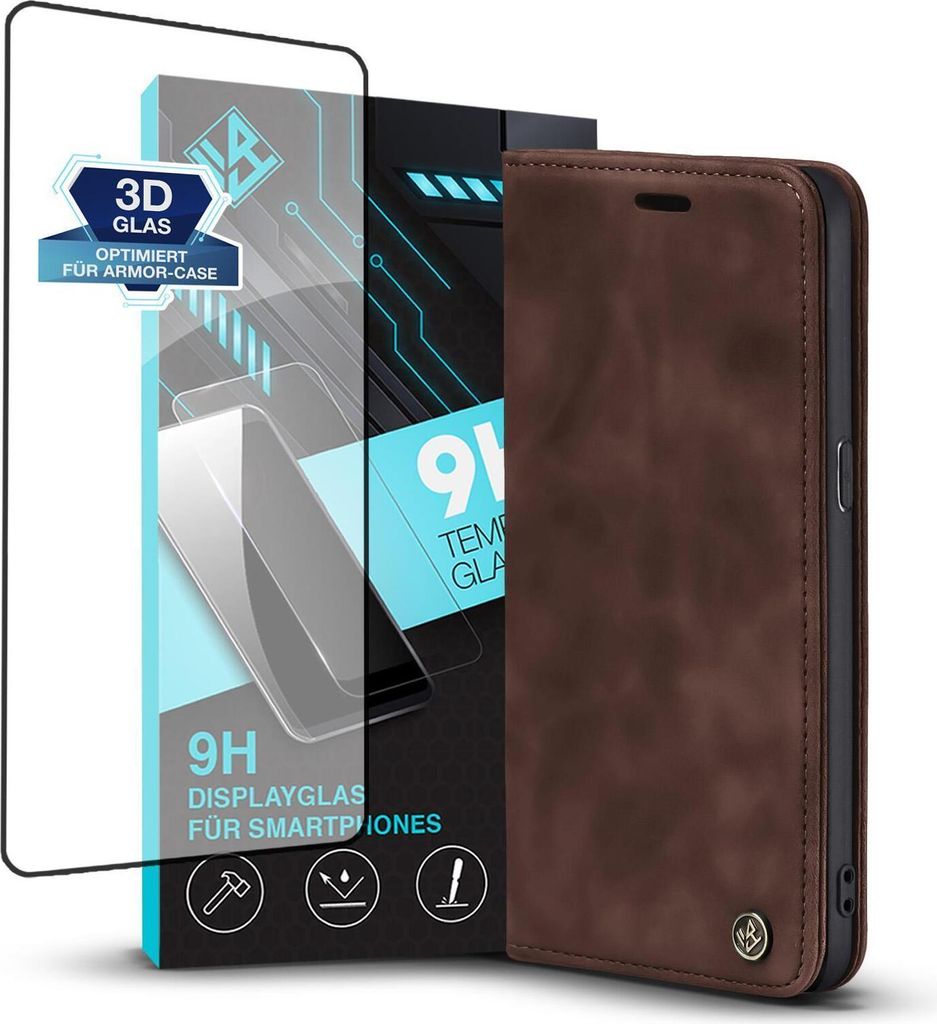 Handy Hülle für Samsung Galaxy S7 edge mit 9H Displayglas Klapphülle Bookcase Flip Cover Handy Tasche Etui Farbe: Dunkelbraun