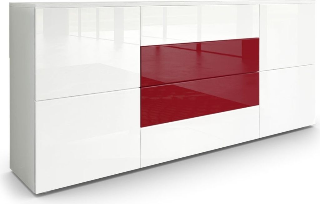 Vladon Sideboard Rova, Germany, Kommode mit 4 Türen und 4 Schubladen, Weiß matt/Weiß Hochglanz/Bordeaux Hochglanz (166 x 72 x 35 cm)