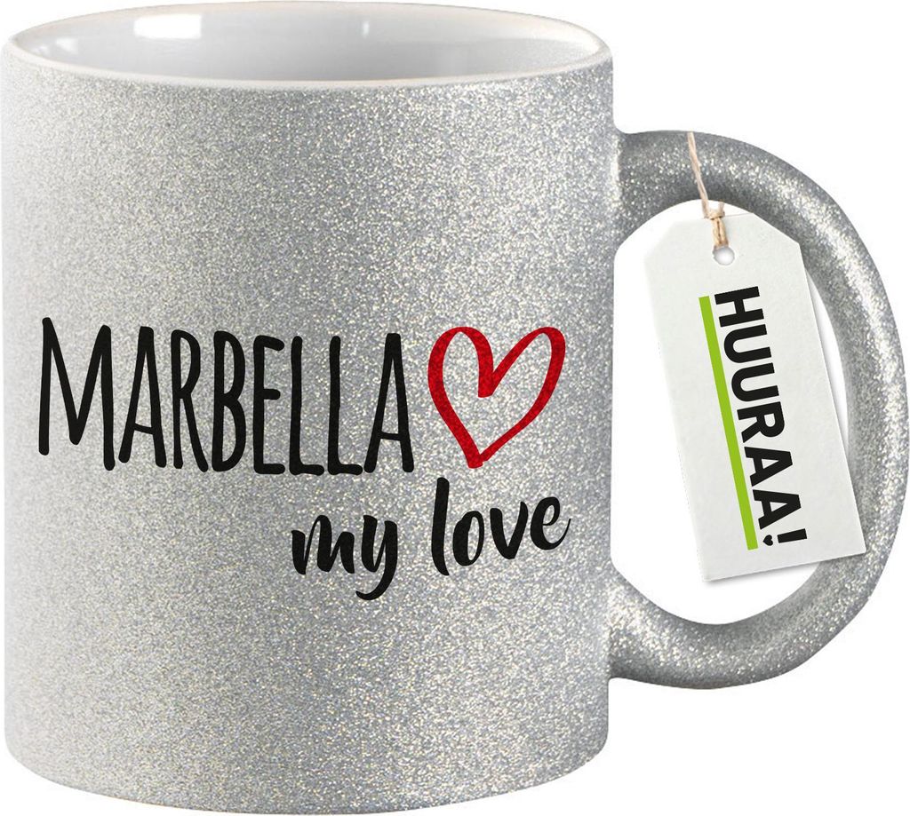 Huuraa Glitzertasse Marbella my love 330ml Silber Keramik Kaffeebecher Geschenkidee