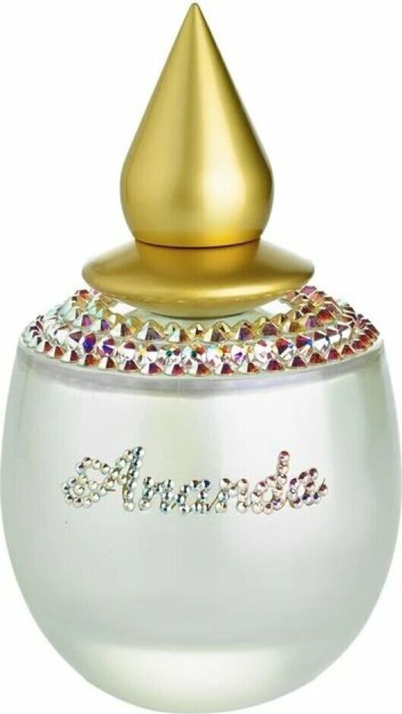 A perfume bottle with a gold cap and jeweled accents.