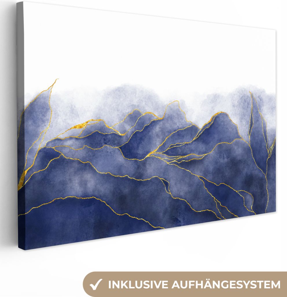 OneMillionCanvasses - Leinwandbilder - 140x90 cm, Marmor - Blau - Marmoroptik - Gold - Textur, Wandbilder Kunstdruck Wanddekoration - Foto auf Le...