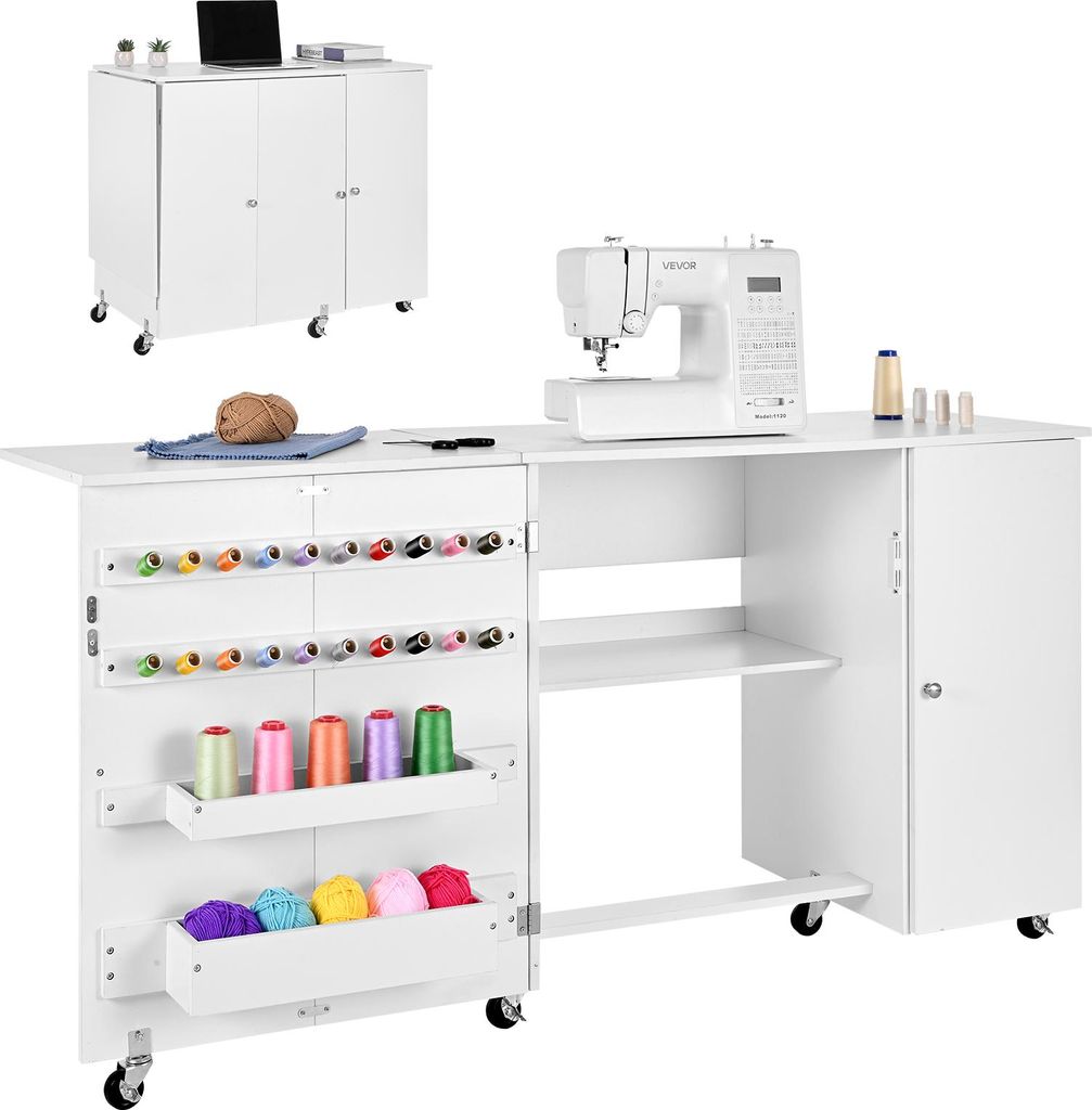 VEVOR Nähtisch Nähschrank mit Rädern & Holzrahmen & Ablagefächer & magnetischer Tür, Nähmaschinentisch Mehrzwecktisch 40 kg belastbar für Ba...