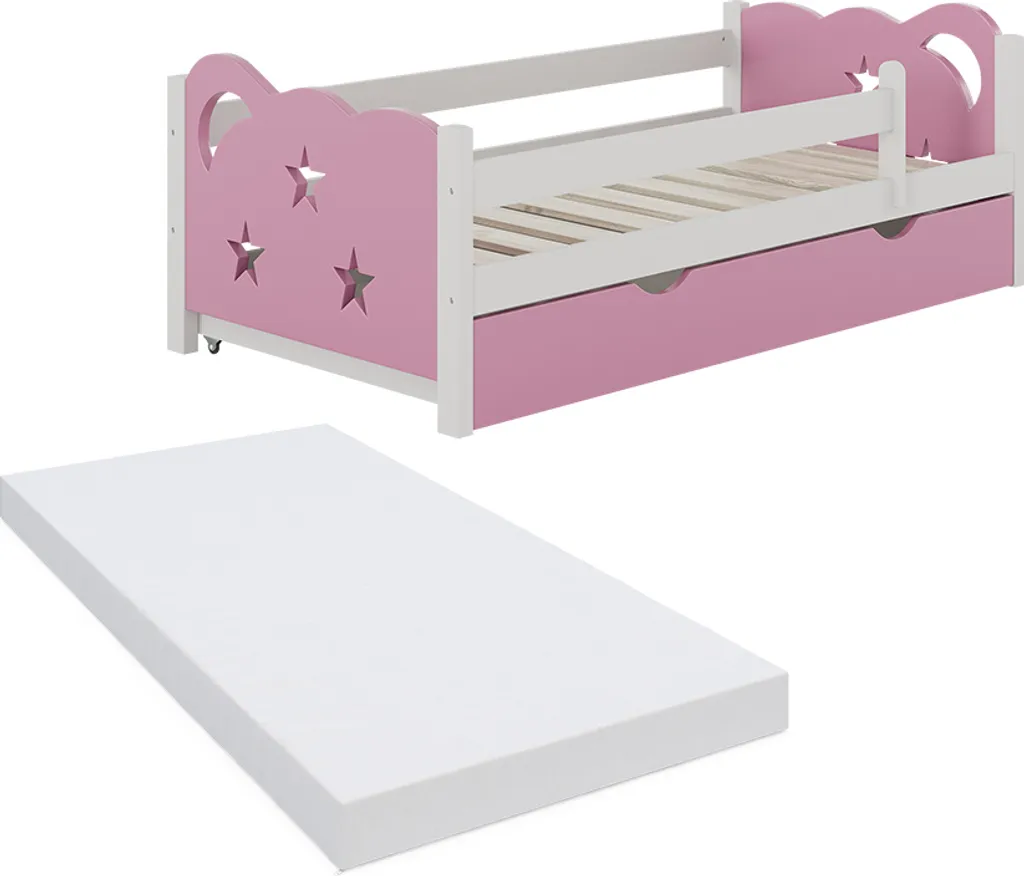 Lit cabane enfant 70x140 cm rose avec rangement et matelas Vitalispa 40339