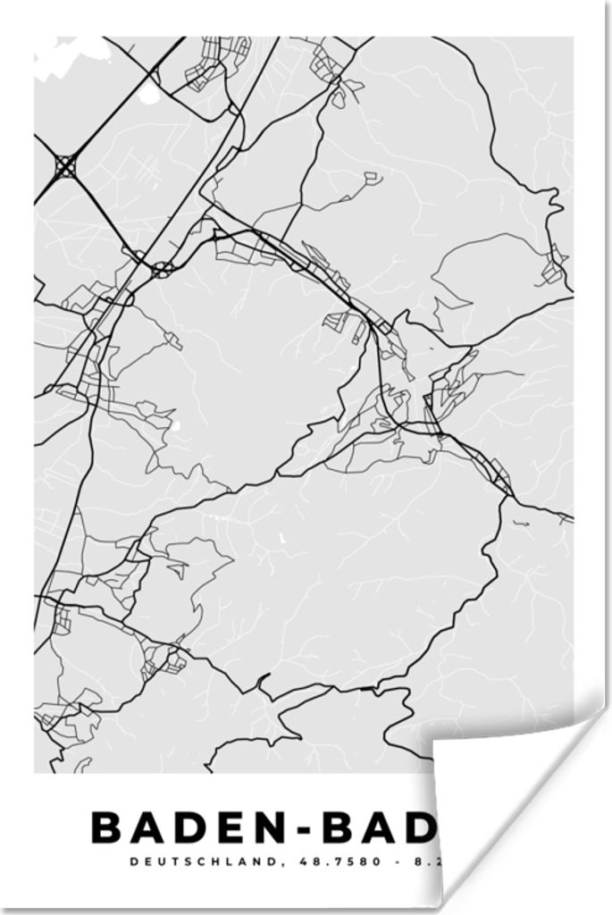 MuchoWow Poster Deutschland - Baden-Baden - Karte - Stadtplan - Wegbeschreibung 80x120 cm - Papierdruck