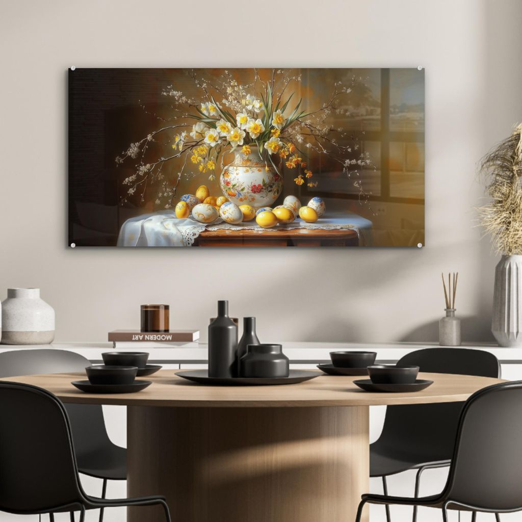 MuchoWow Glasbilder - Bilder auf Wandbild - Foto auf Glas Ostereier - Stillleben - Vase 80x40 cm Wanddekoration aus Glas - Acrylglasbild - Acrylbil...