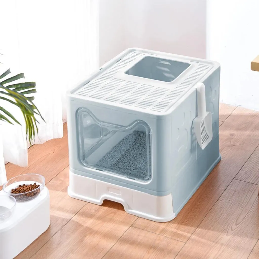 Bac à litière chat fermé et pliable avec tiroir coulissant 51cm Bleu