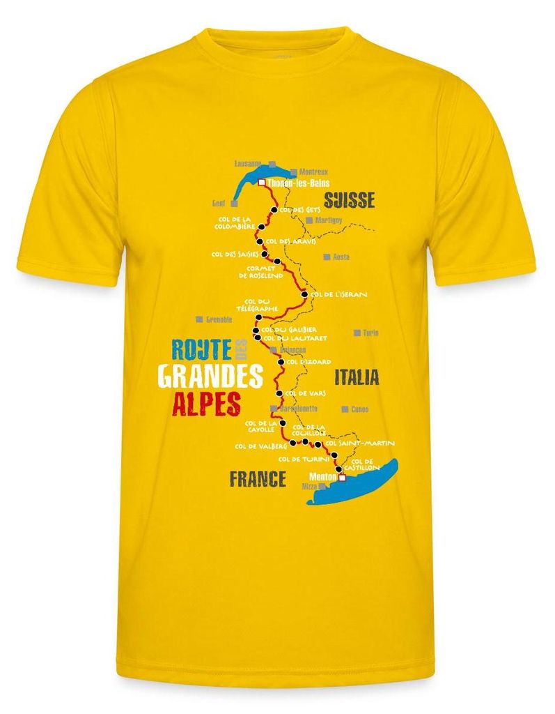 Spreadshirt Route Des Grandes Alpes Karte Mit Alpenpässen Funktionsshirt Herren, XL, Eigelb