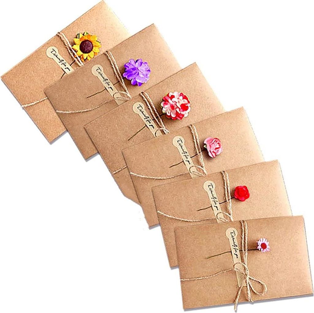 LATRAT 6 Stück Grußkarten, Postkarten, Umschläge, Retro Kraftpapier, getrocknete Blumen, verziert, Postkarte für verschiedene Anlässe, Hochzei...