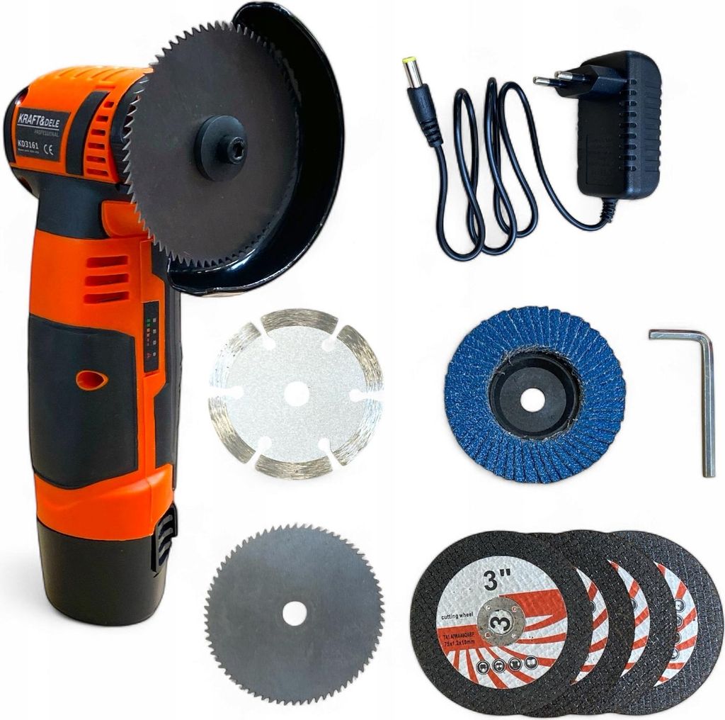 A collection of tools and accessories for a cordless angle grinder, laid out on a white background.