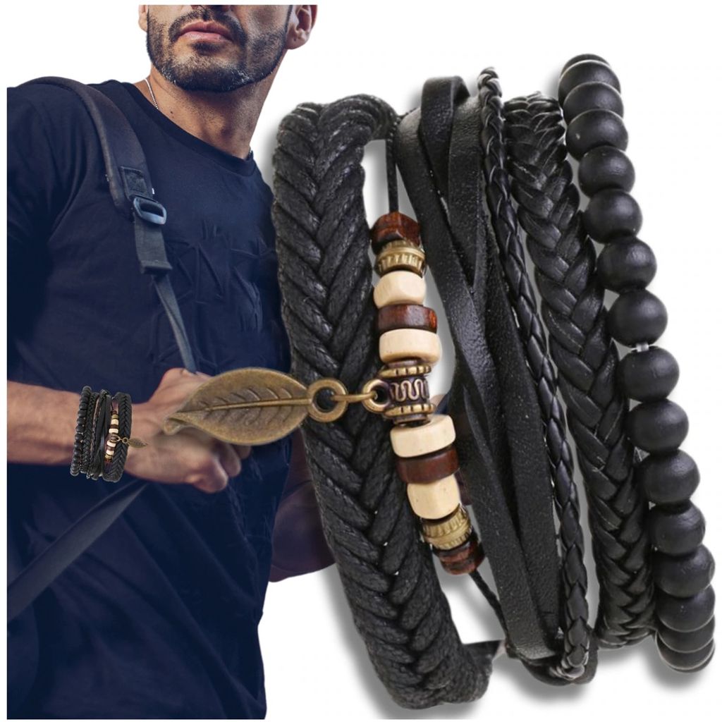 EDIBAZZAR | Set aus Herren-Lederarmbändern mit Perlen und Produktbild 