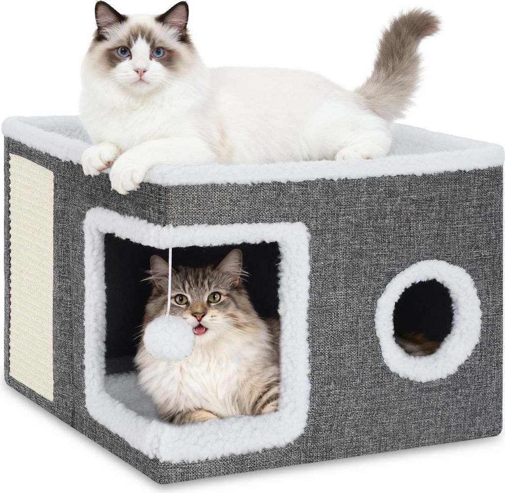 Faziango Katzenhöhle Katzenhaus mit 2 Ebenen, faltbar, weiches Katzenbett mit Kissen für Katzen