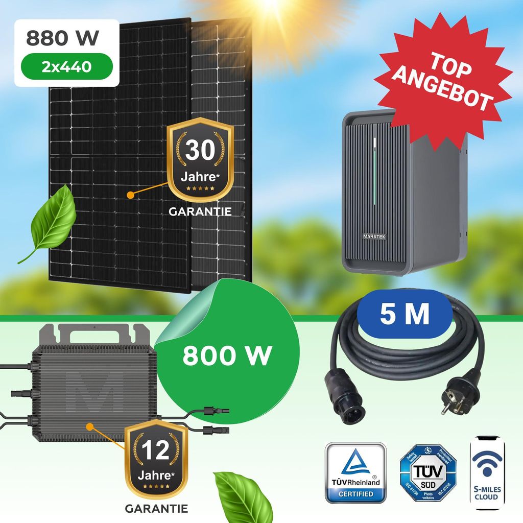 Balkonkraftwerk 880W Komplettset mit Marstek 800W Wechselrichter, Marstek B2500D 2,24kWh speicher & bifacialen Dual-Glas Modulen