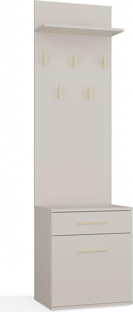 A freestanding hall unit with a shelf, coat hooks, and a cabinet with two drawers.