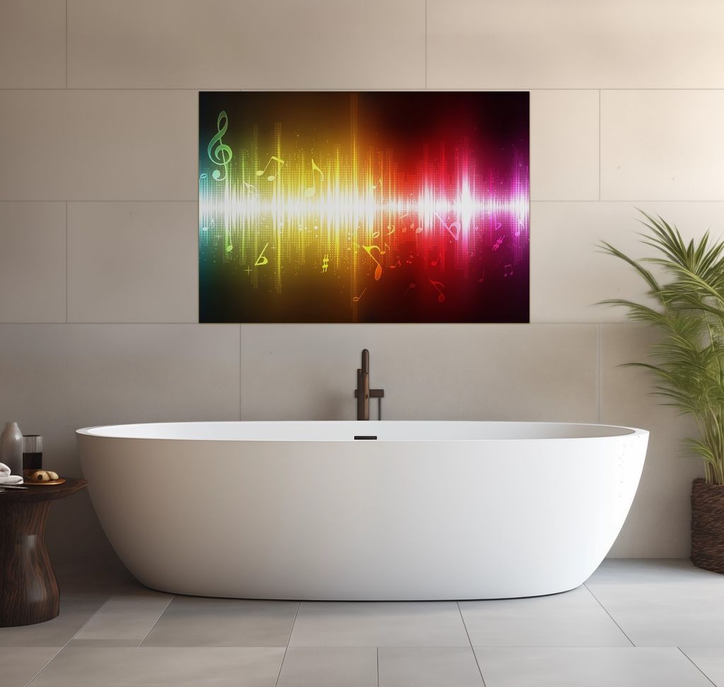Wallario wasserfestes Poster selbstklebend 70 x 100 cm, Blau-gelbe Noten der Musik, Badezimmerposter Spritzschutz mit Hochglanzoberfläche in Glaso...