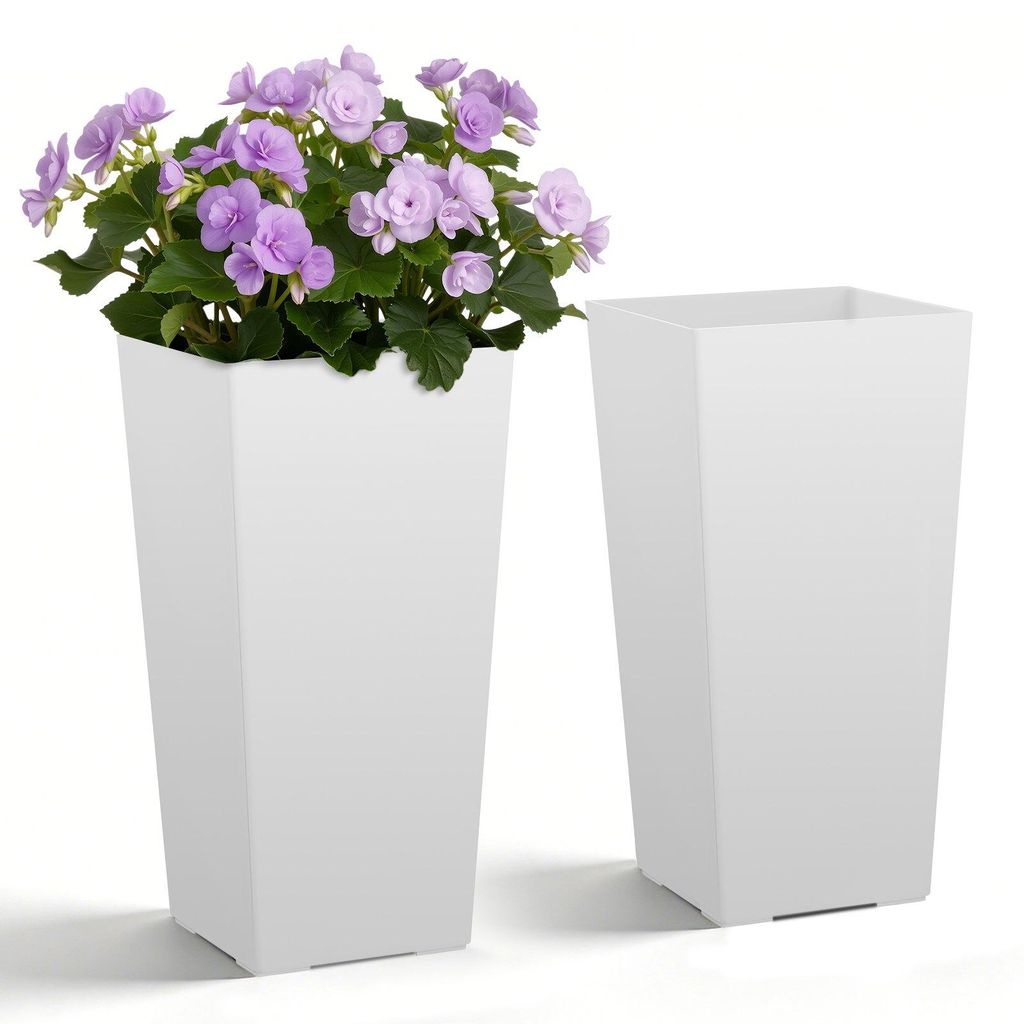 Pflanzkübel & Blumentopf - 2er-Set, 30 x 30 x 55 cm - Mit Innentopf - Mit Drainagelöchern - Aus PP-Kunststoff - Für Innen & Außen - Weiß