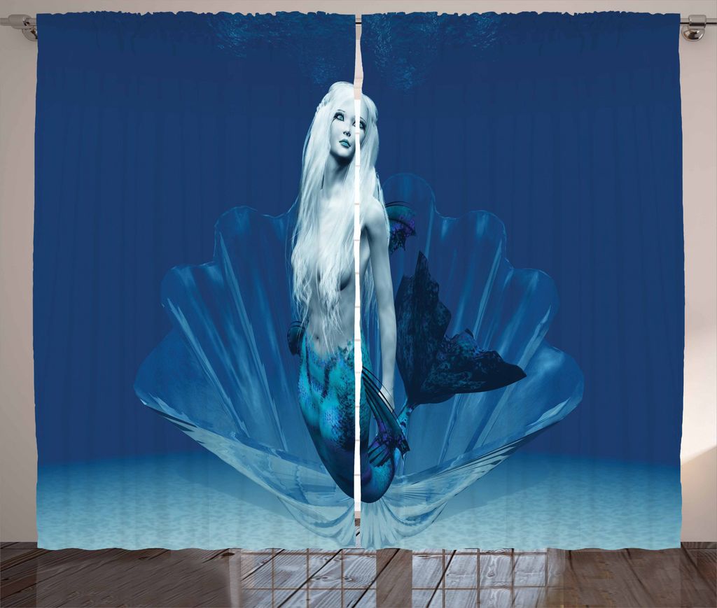 ABAKUHAUS Dunkelblau Rustikaler Vorhang, Fairy Tail Mermaid, Wohnzimmer Universalband Gardinen mit Schlaufen und Haken, 280 x 175 cm, Blau und weiß