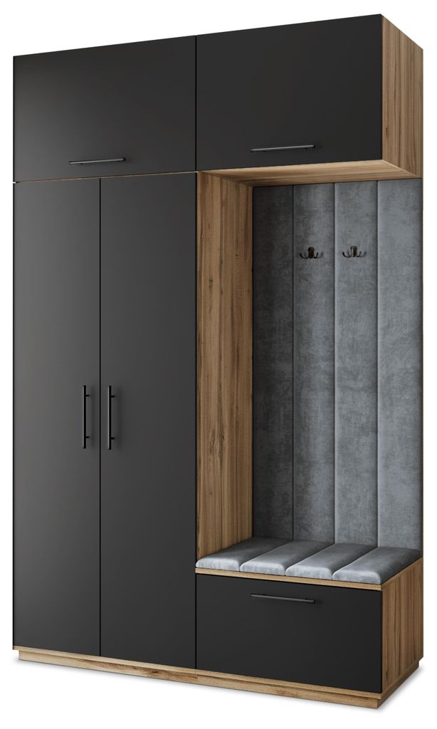 Masseno Garderobe-Set REMA 150/240/60 cm Modern Garderobenschrank Eiche Wotan, Veloursstoff MONOLITH 85 (Grau)