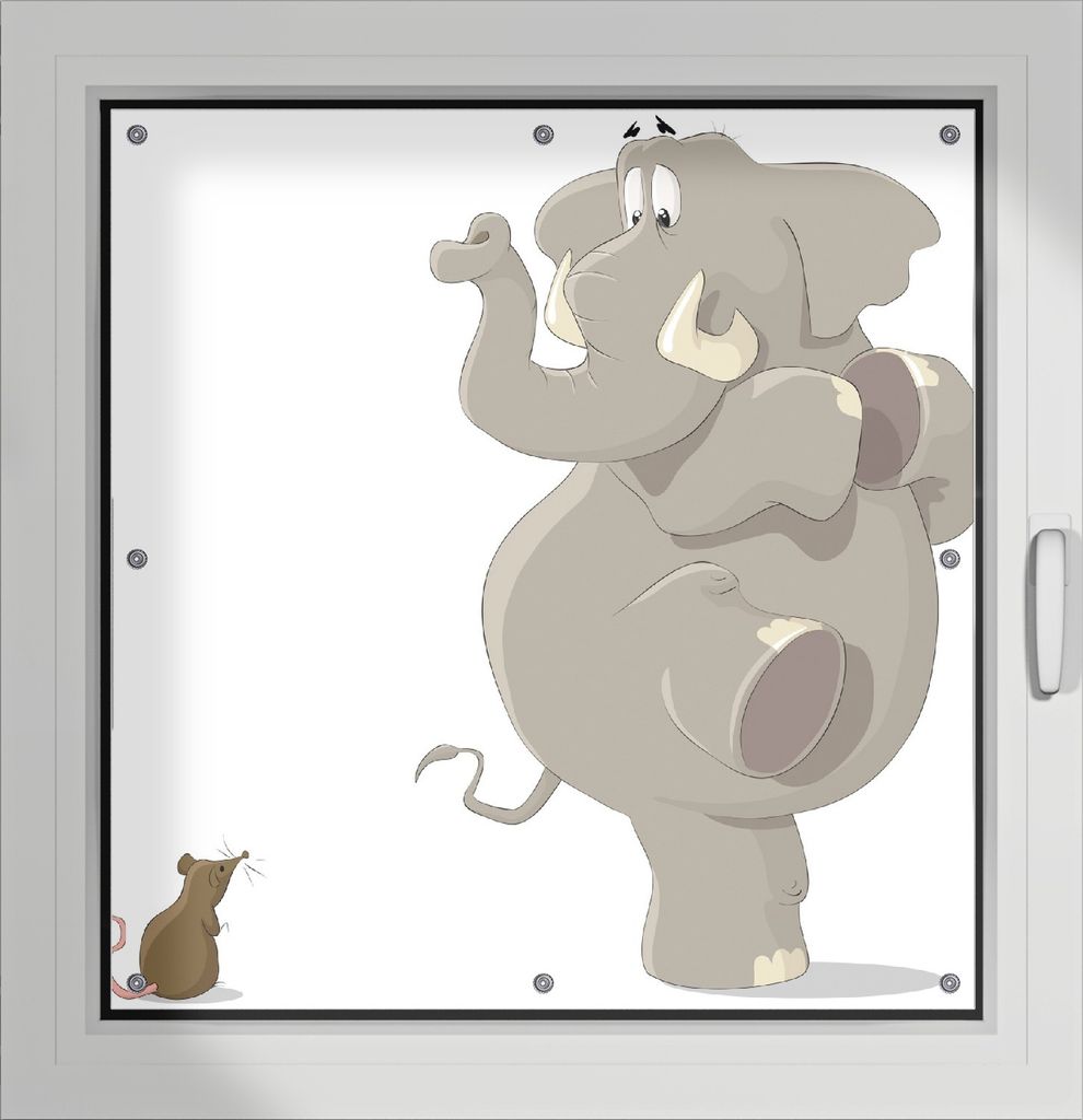 Wallario Lichtschutzbild, Dekorativer Sichtschutz Sonnenschutz 96 x 100 cm mit Motiv: Elefant erschrickt vor Maus - Verdunklung ohne Bohren