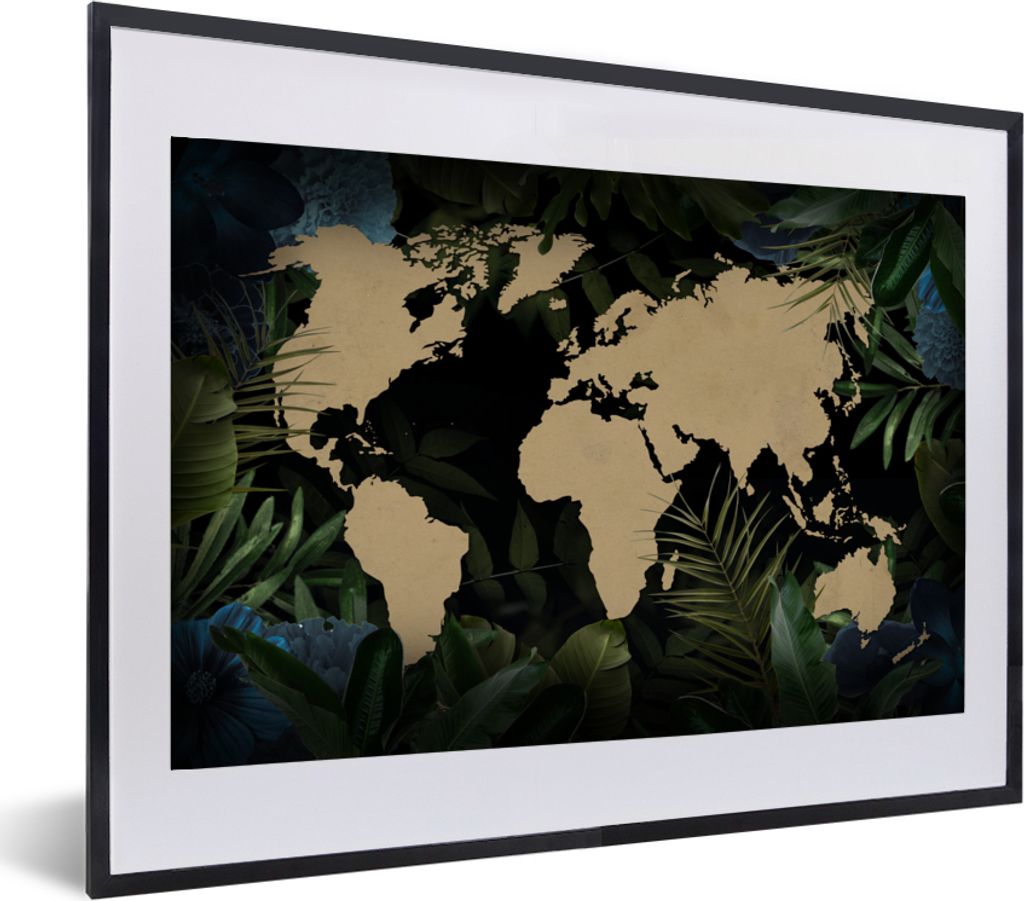 MuchoWow MuchoWow Gerahmtes Poster Weltkarte - Schwarz - Blätter 60x40 cm - Poster mit zchwarzem Bilderrahmen - Schlafzimmer - Plakat in Rahme...
