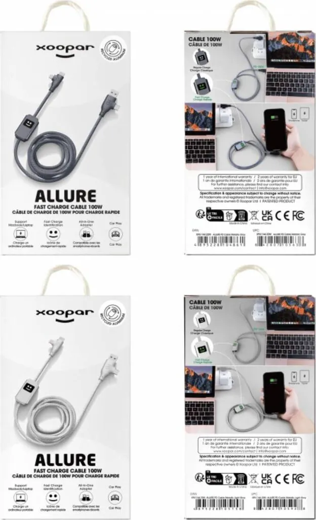 Câble ALLURE USB-A+C vers USB-C+Lightning 1m GRS Gris Clair Polyvalent - 2