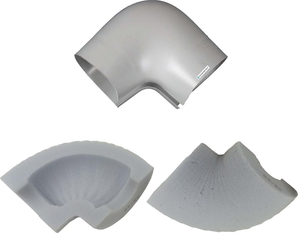 PVC Isolierbogen mit weicher Melamin Dämmeinlage 90 Grad hellgrau : 28 x 30 mm Rohr x Isolierstärke: 28 x 30 mm